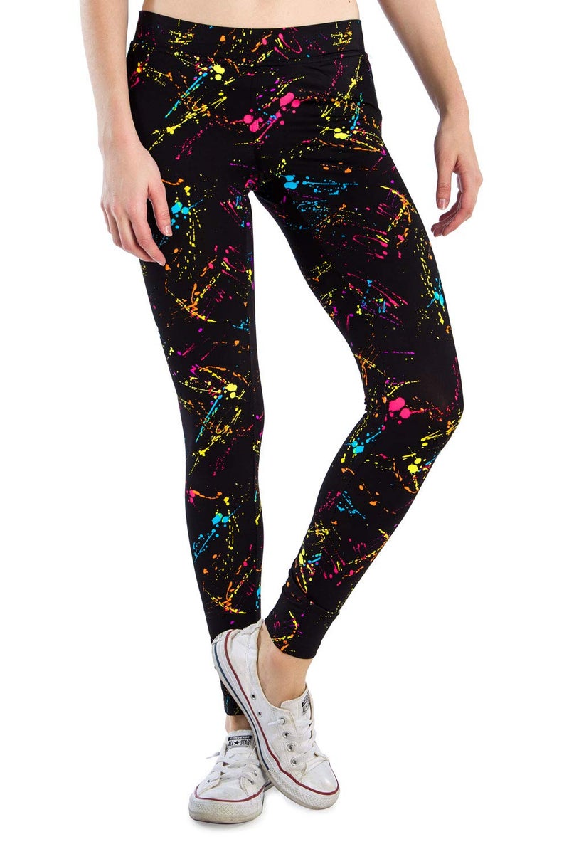 Tipsy Elves Black Neon Splatter Fitness Workout Leggings for Women Size Large - Image 1